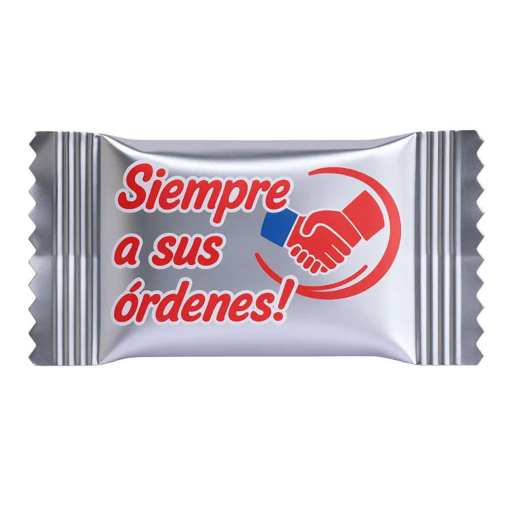 Dulce Publicitario empaque Flow Wrap metalizado personalizado con frase