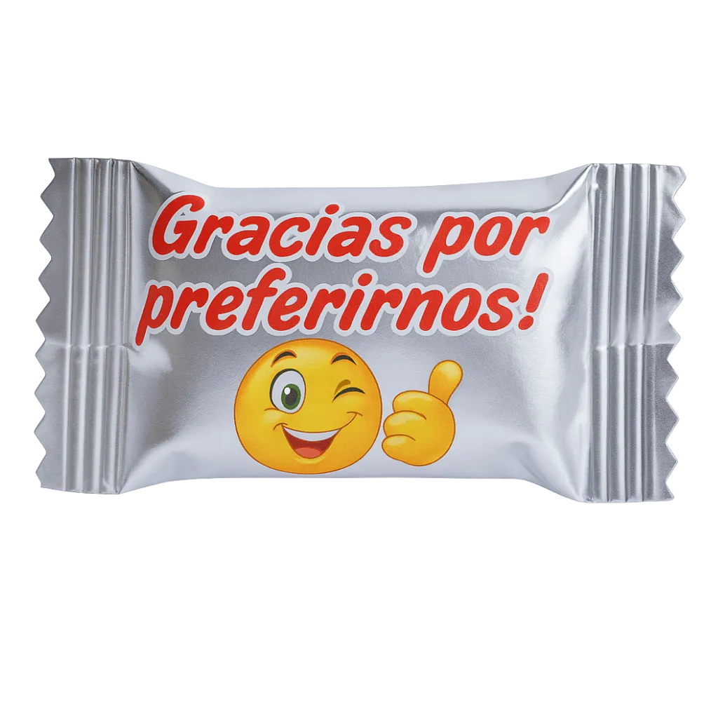 Dulce Publicitario empaque Flow Wrap metalizado personalizado con frase 