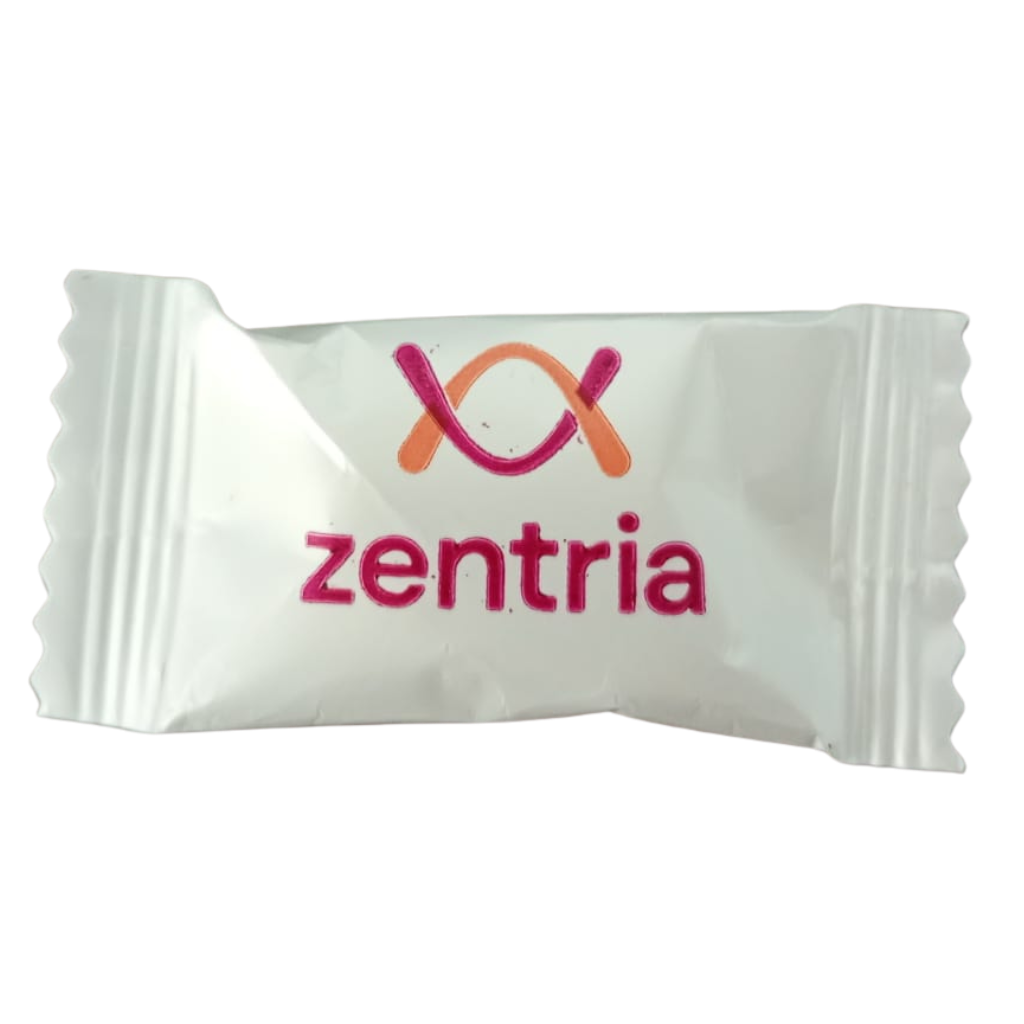 Dulce Publicitario empaque Flow Wrap personalizado para la marca Zentria